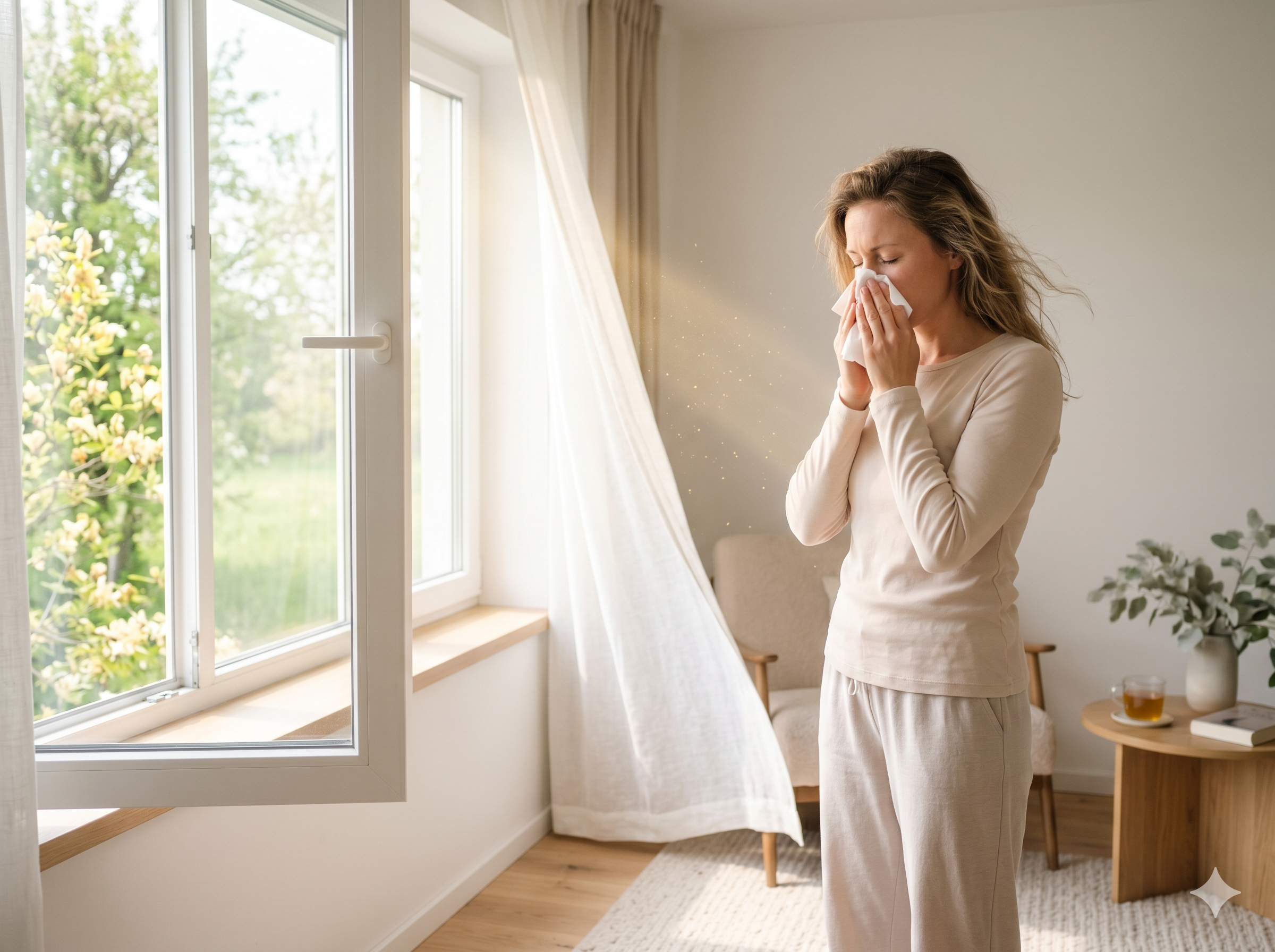 Pollenszezonban tüsszögő nő nyitott ablak mellett — a pollen otthonig követi