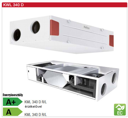 Helios KWL 340 D R Hővisszanyerős központi szellőző, mennyezeti kivitelben, easyControls szabályzással