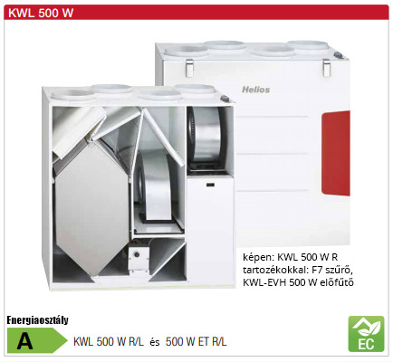 Helios KWL 500 W R Hővisszanyerős központi szellőző, easyControls szabályzással, jobboldali friss levegő csonkkal